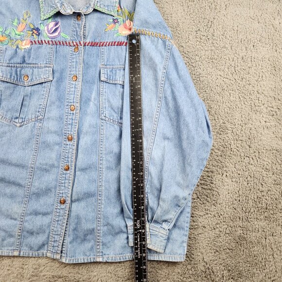 Vintage Denim Shirt Women’s Large Long Sleeves Button Front Floral Embroidered - Picture 7 of 11